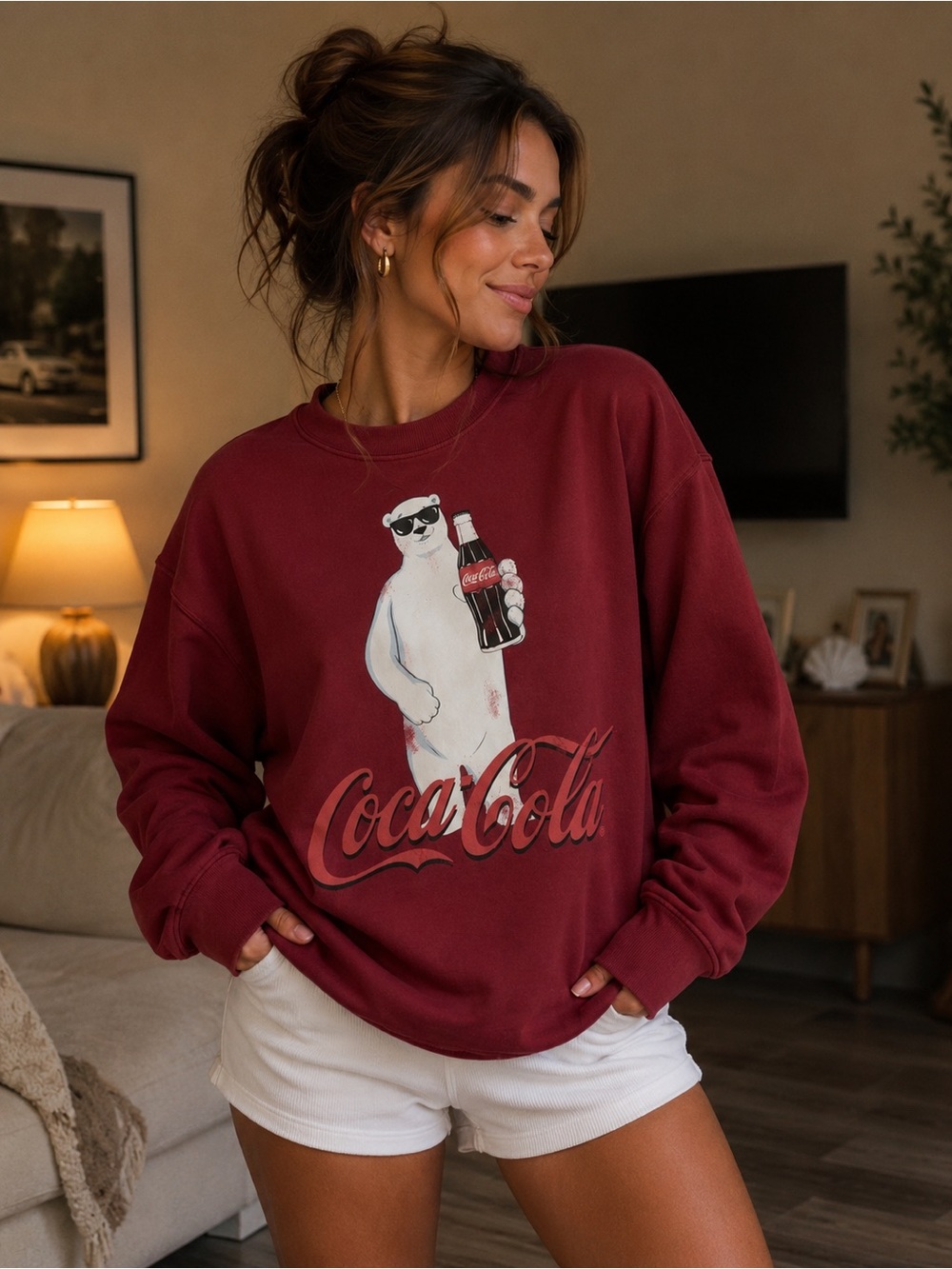 Coca Cola Maroon Crewneck Sweatshirt with Polar Bear Graphic